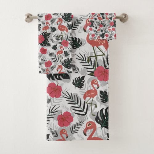 Flamingo seamless pattern with floral background bath towel set