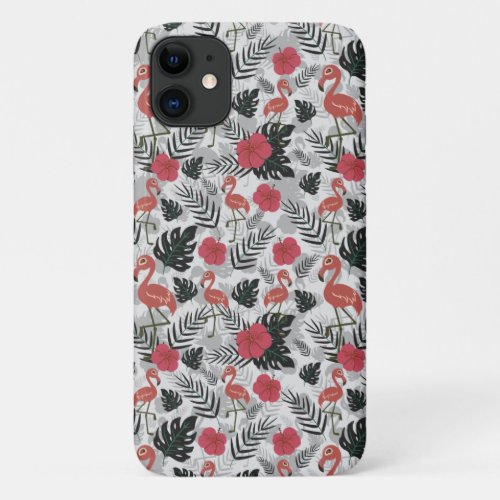 Flamingo seamless pattern with floral background iPhone 11 case