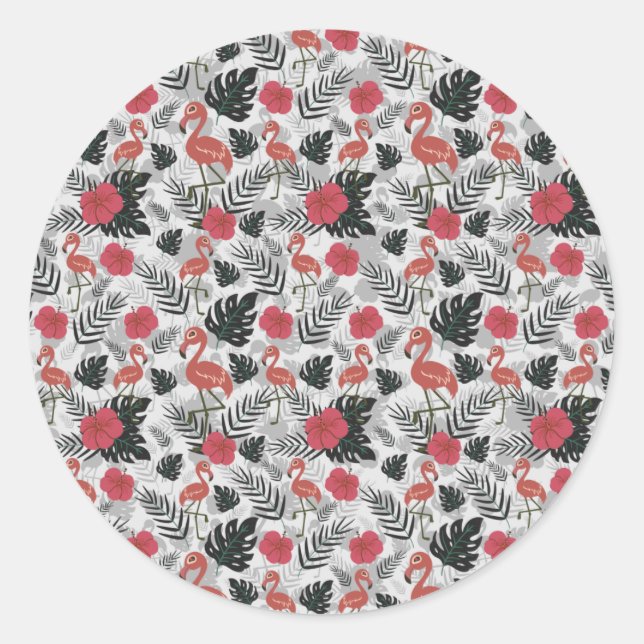 Flamingo seamless pattern with floral background classic round sticker (Front)