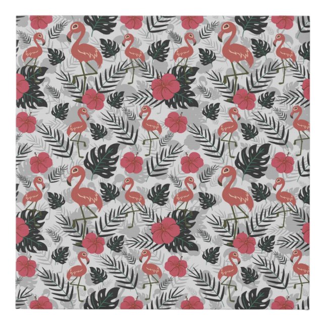 Flamingo seamless pattern with floral background faux canvas print (Front)
