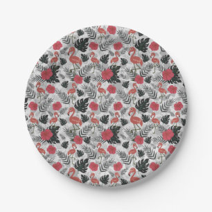 Flamingo seamless pattern with floral background paper plates