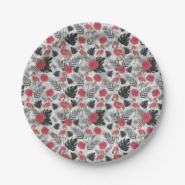 Flamingo seamless pattern with floral background paper plates (Front)