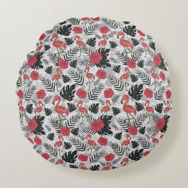 Flamingo seamless pattern with floral background round pillow (Front)