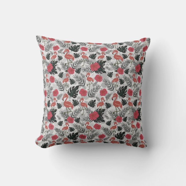 Flamingo seamless pattern with floral background throw pillow (Front)