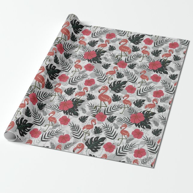 Flamingo seamless pattern with floral background wrapping paper (Unrolled)