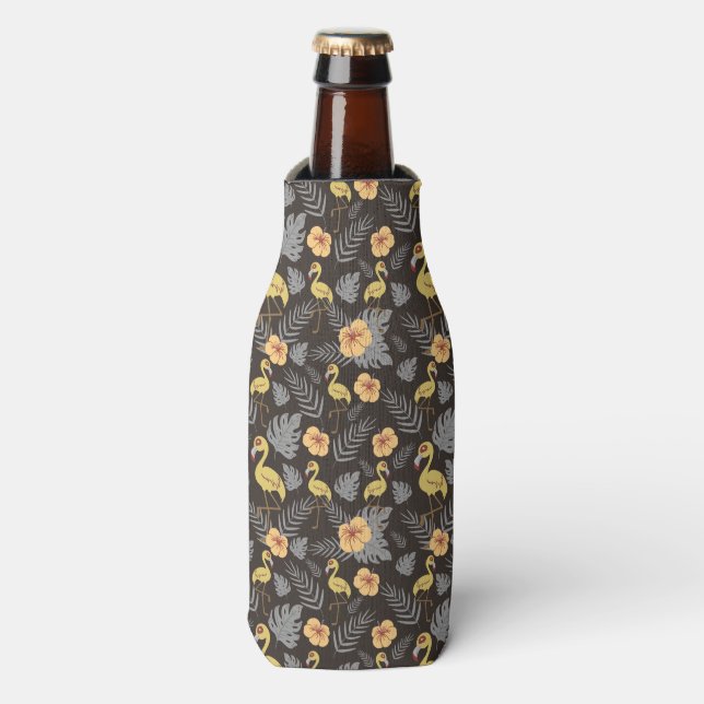 Flamingo seamless pattern with flowers and leaves bottle cooler (Bottle Front)