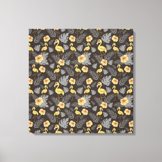 Flamingo seamless pattern with flowers and leaves canvas print (Front)