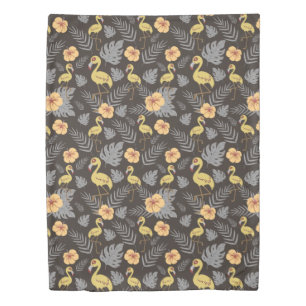Flamingo seamless pattern with flowers and leaves duvet cover