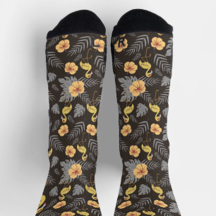 Flamingo seamless pattern with flowers and leaves socks