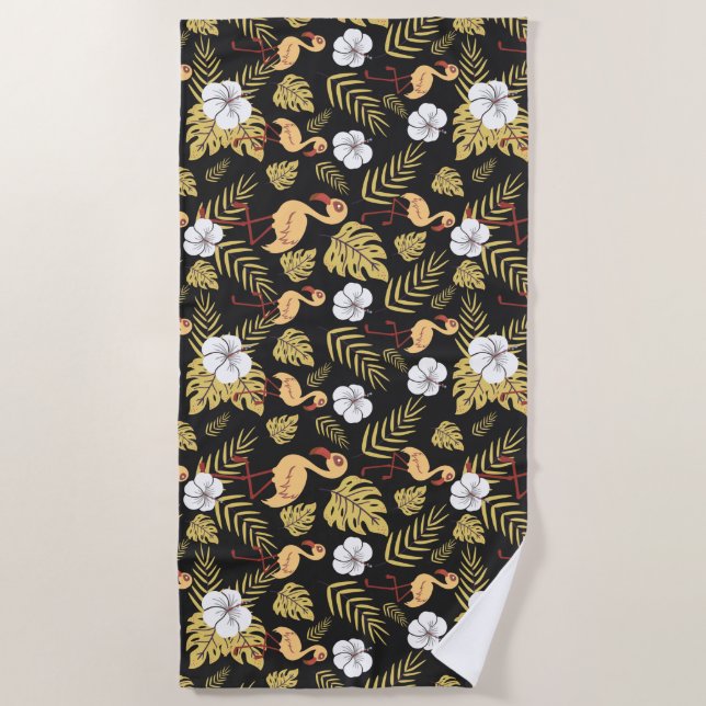 Flamingo seamless pattern yellow and white flowers beach towel (Front)