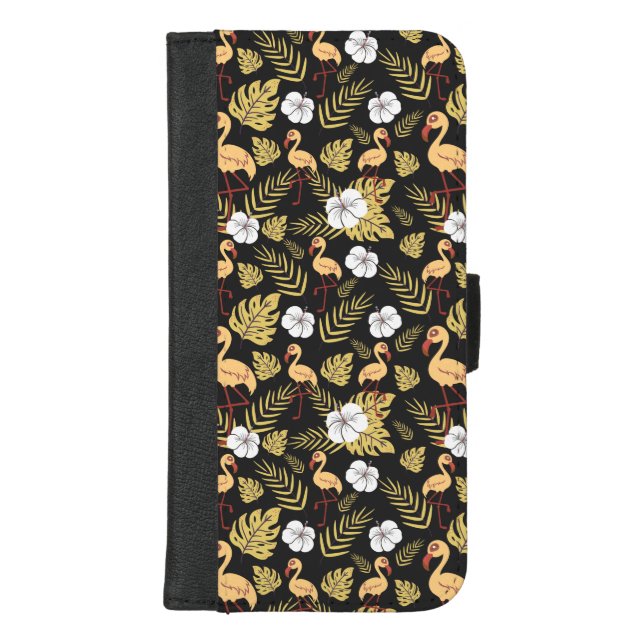 Flamingo seamless pattern yellow and white flowers iPhone wallet case (Front)