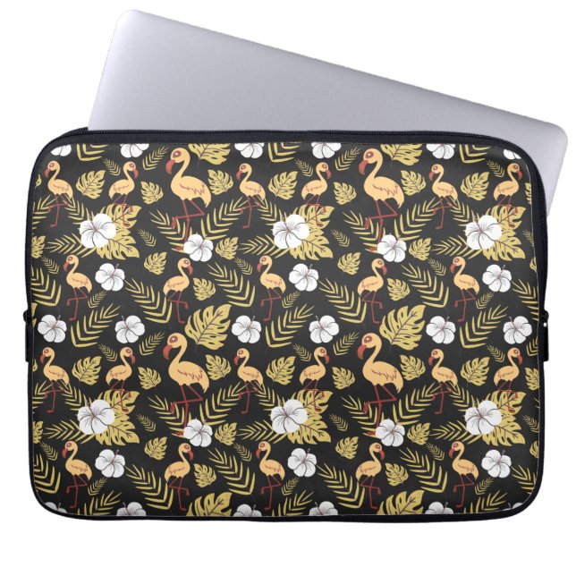 Flamingo seamless pattern yellow and white flowers laptop sleeve (Front)