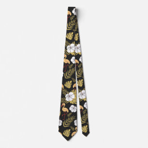 Flamingo seamless pattern yellow and white flowers neck tie