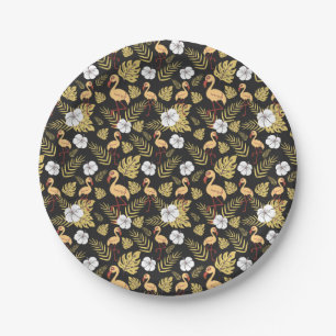 Flamingo seamless pattern yellow and white flowers paper plates