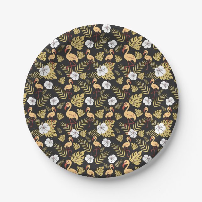 Flamingo seamless pattern yellow and white flowers paper plates (Front)