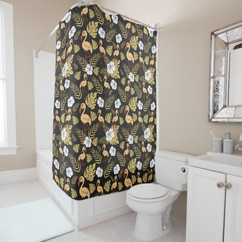 Flamingo seamless pattern yellow and white flowers shower curtain