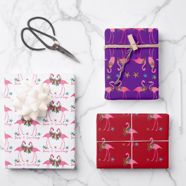 Flamingo Seas and Greetings Christmas Wrapping Pap Wrapping Paper Sheets (Front)