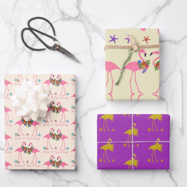 Flamingo Seas and Greetings Christmas Wrapping Paper Sheets (Front)