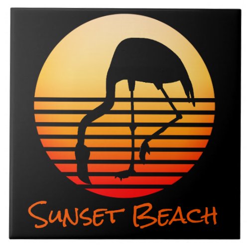 Flamingo Silhouette Golden Orange Tropical Sunset Ceramic Tile