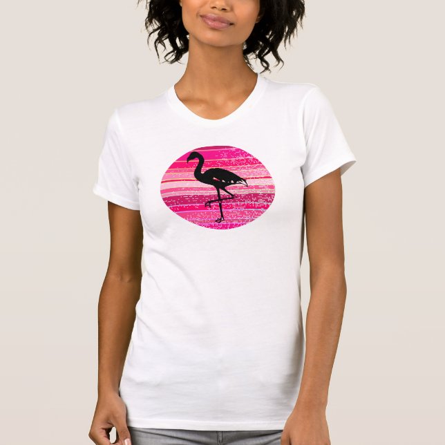 Flamingo Silhouette on Colorful Pink Stripes T-Shirt (Front)
