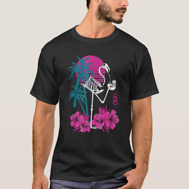 Flamingo Skeleton Flower Retro  Crazy Drinking Fla T-Shirt (Front)