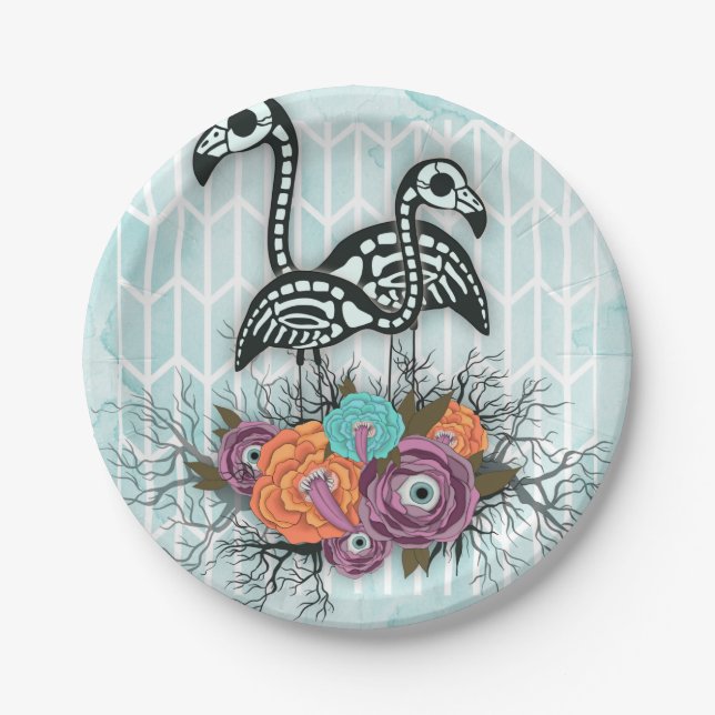 Flamingo Skeleton Halloween Composition Paper Plates (Front)