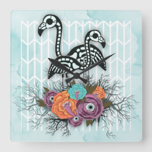 Flamingo Skeleton Halloween Composition Square Wall Clock