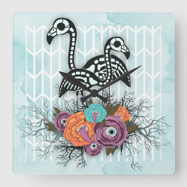 Flamingo Skeleton Halloween Composition Square Wall Clock (Front)