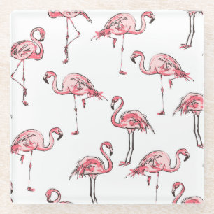 Flamingo Sketch: Tropical Vintage Pattern. Glass Coaster
