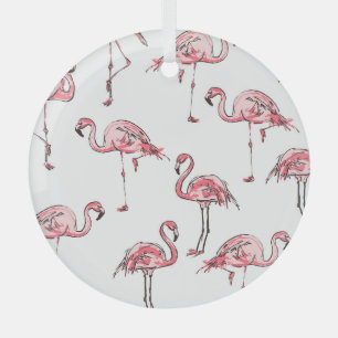 Flamingo Sketch: Tropical Vintage Pattern. Glass Ornament