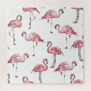 Flamingo Sketch: Tropical Vintage Pattern. Jigsaw Puzzle