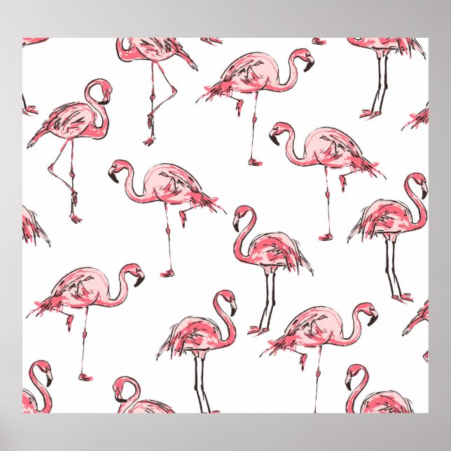 Flamingo Sketch: Tropical Vintage Pattern. Poster (Front)