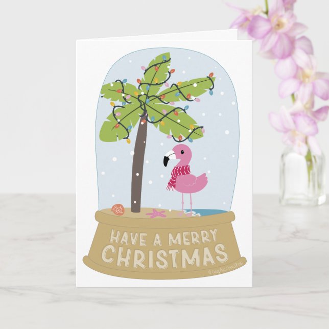 Flamingo Snow Globe Beach Merry Christmas Card (Orchid)