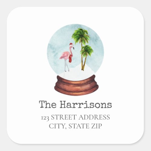 Flamingo Snow Globe Christmas Address Square Sticker