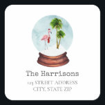 Flamingo Snow Globe Christmas Address Square Sticker<br><div class="desc">Illustration of a flamingo inside snow globe with palm trees.</div>