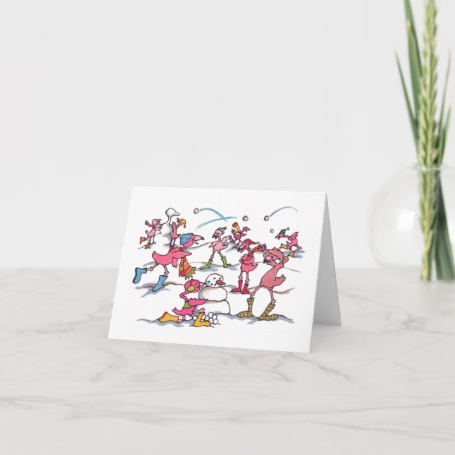 Flamingo Snowball Fight Holiday Notecard (Front)