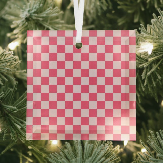 Flamingo sorbet checkerboard pattern glass ornament (Insitu)