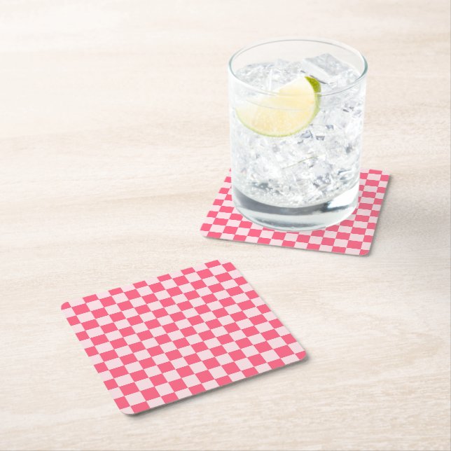 Flamingo sorbet checkerboard pattern square paper coaster (Insitu)