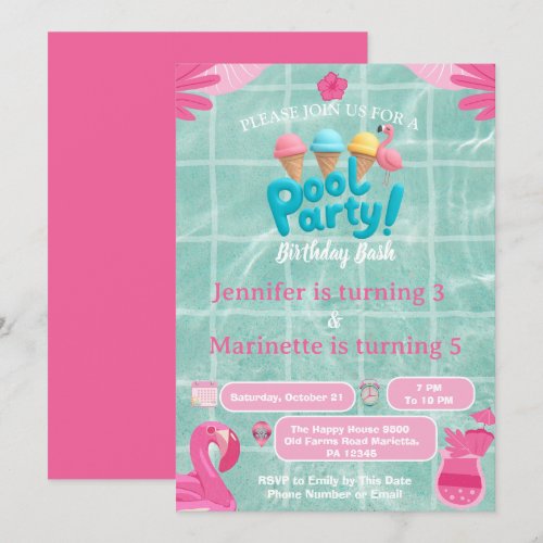 Flamingo Splash joint Pool Party birthday kids Invitation