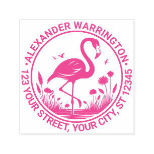 Flamingo Standing, Flowers Name Return Address Self-inking Stamp