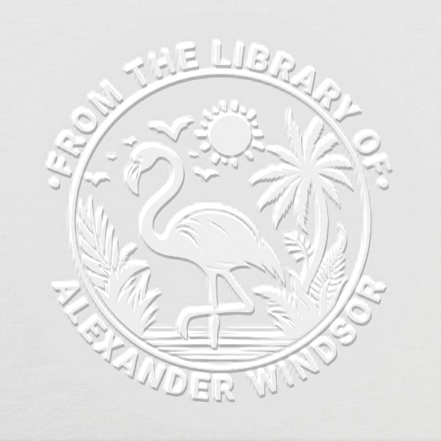 Flamingo Standing Palm Trees Sun Library Book Name Embosser (Design)