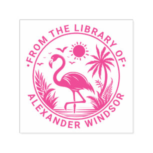 Flamingo Standing Palm Trees Sun Library Book Name Self-inking Stamp