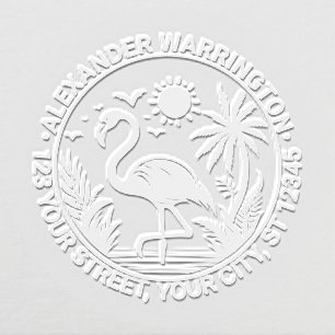 Flamingo Standing Palm Trees Sun Name Address Embosser