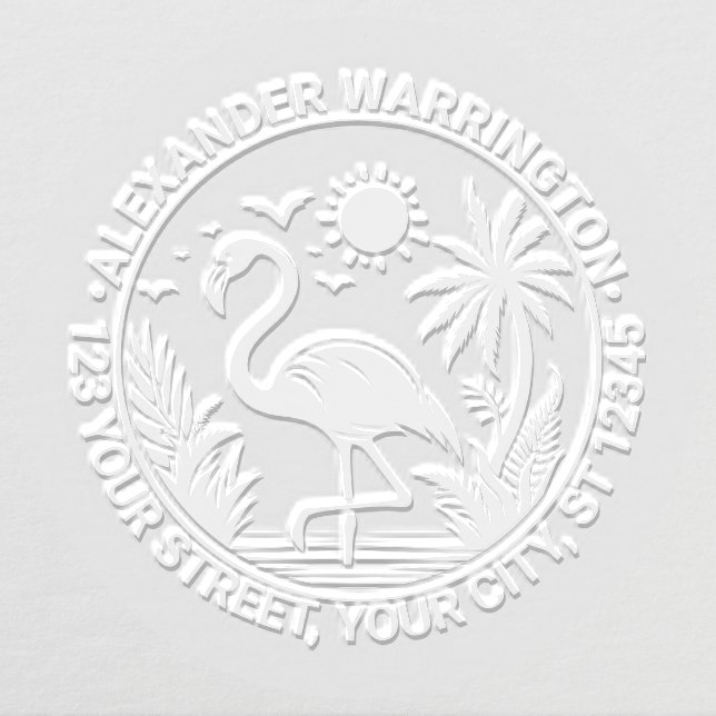 Flamingo Standing Palm Trees Sun Name Address Embosser (Design)