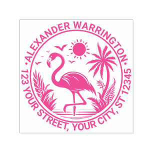 Flamingo Standing Palm Trees Sun Name Address Self-inking Stamp