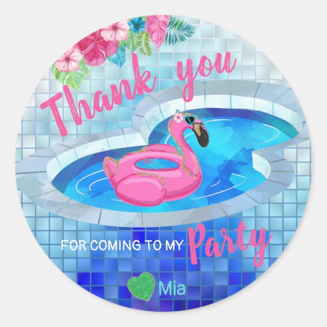 Flamingo sticker Glitter, pool Birthday, Thank you (Front)