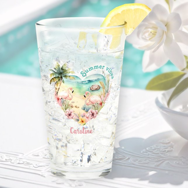 Flamingo Summer Beach Heart Tropical Hawaii Name Glass (Flamingo Summer Beach Heart Tropical Hawaii Name Glass)