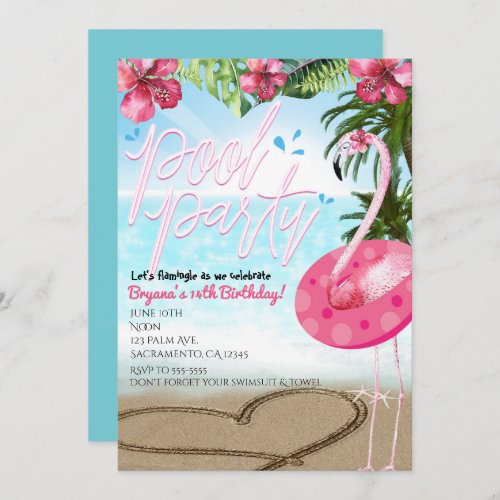 Flamingo Summer Birthday POOL PARTY Invitations