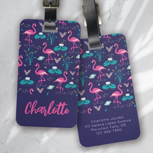 Flamingo Summer Blue Pink Monogram Luggage Tag