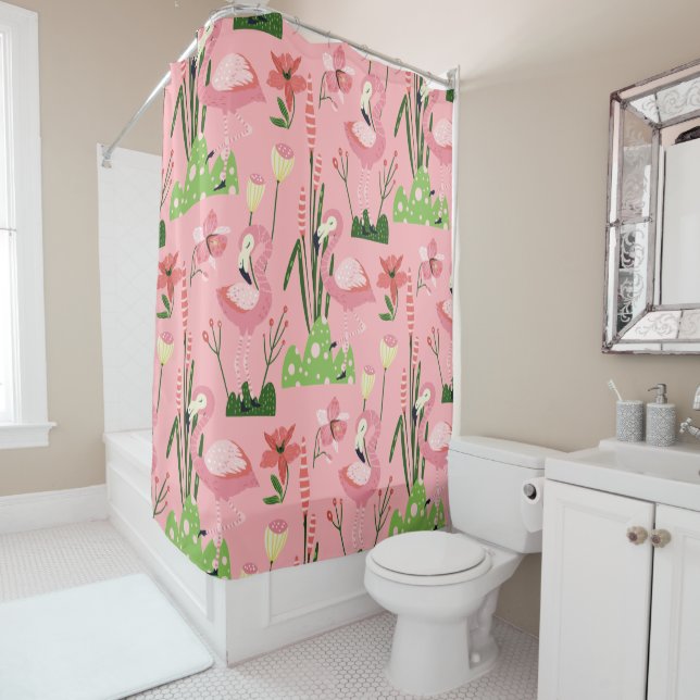Flamingo Summer Collection One Design 4 Shower Curtain (In Situ)